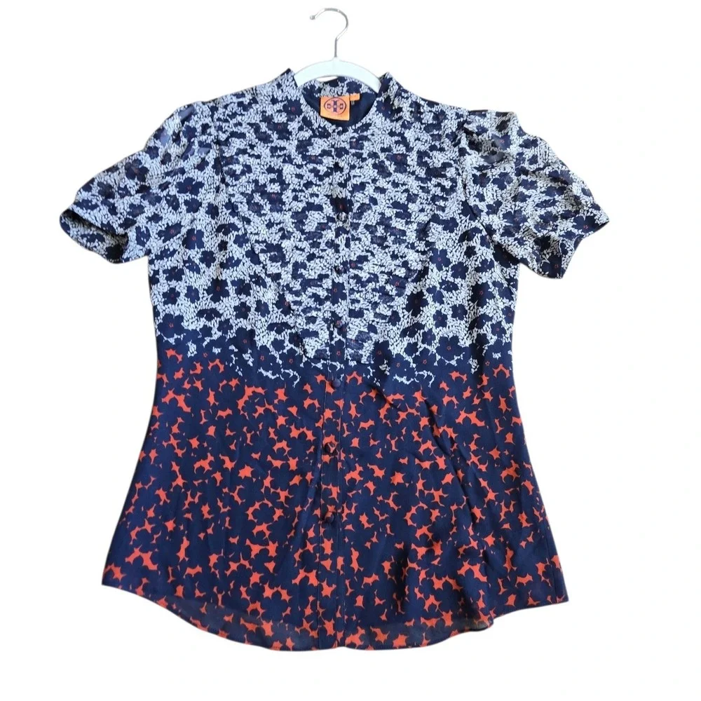 Tory Burch Navy Orange Floral Silk Button Down Mandarin Collar Blouse Size 4